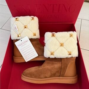 Valentino Garavani Cream and Brown Shearling Boots